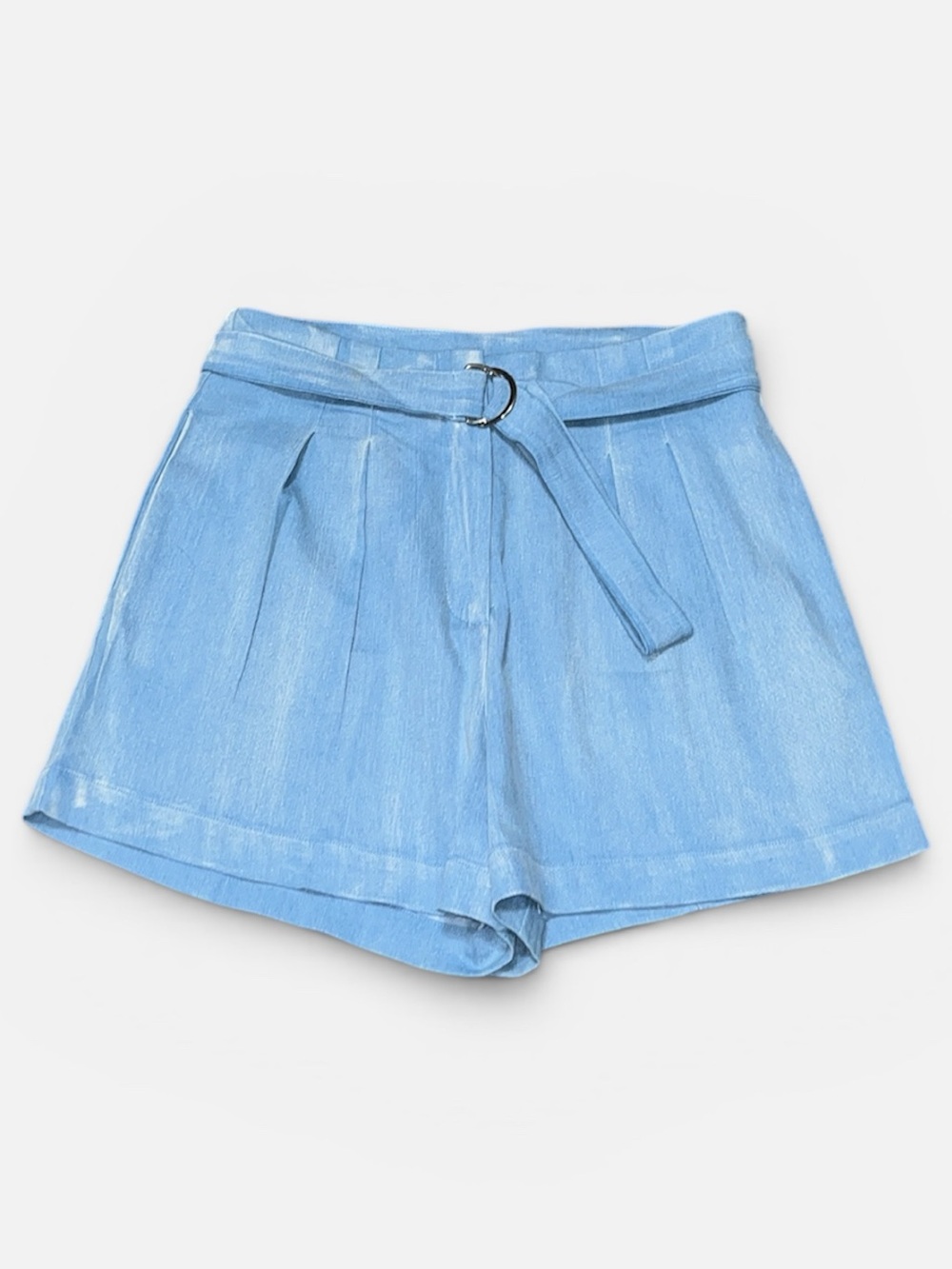 Very J Pleated Chambray High Waist Belted 3” Short in Blue Size Med LIKE NEW